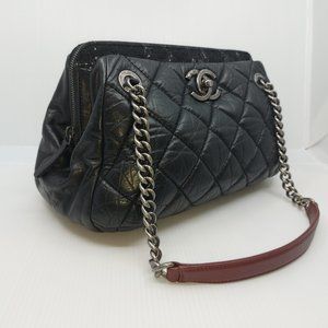 Chanel Black Tweed Leather Shoulder Tote Bag